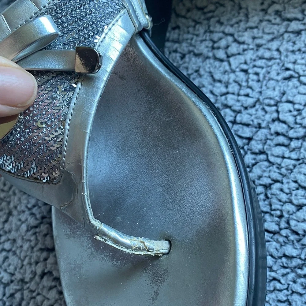 Guess Metallic Silver Sequin Wedge Sandals with Heart Charm